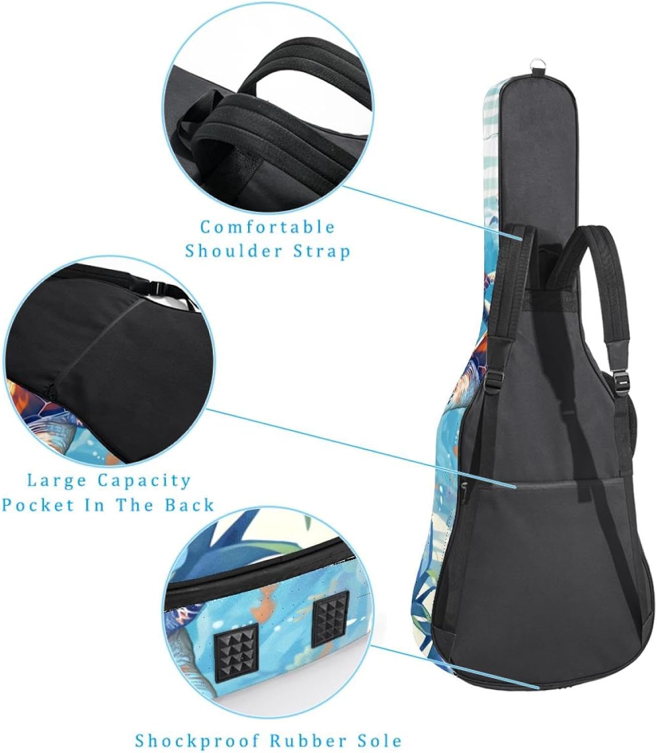 40/41/42-inch Ocean Turtle Acoustic Guitar Bag With Adjustable Shoulder Strap And 2 Storage Bags. Guitar Bag With Back Hanging Loop, Electric, and Classical Guitars
