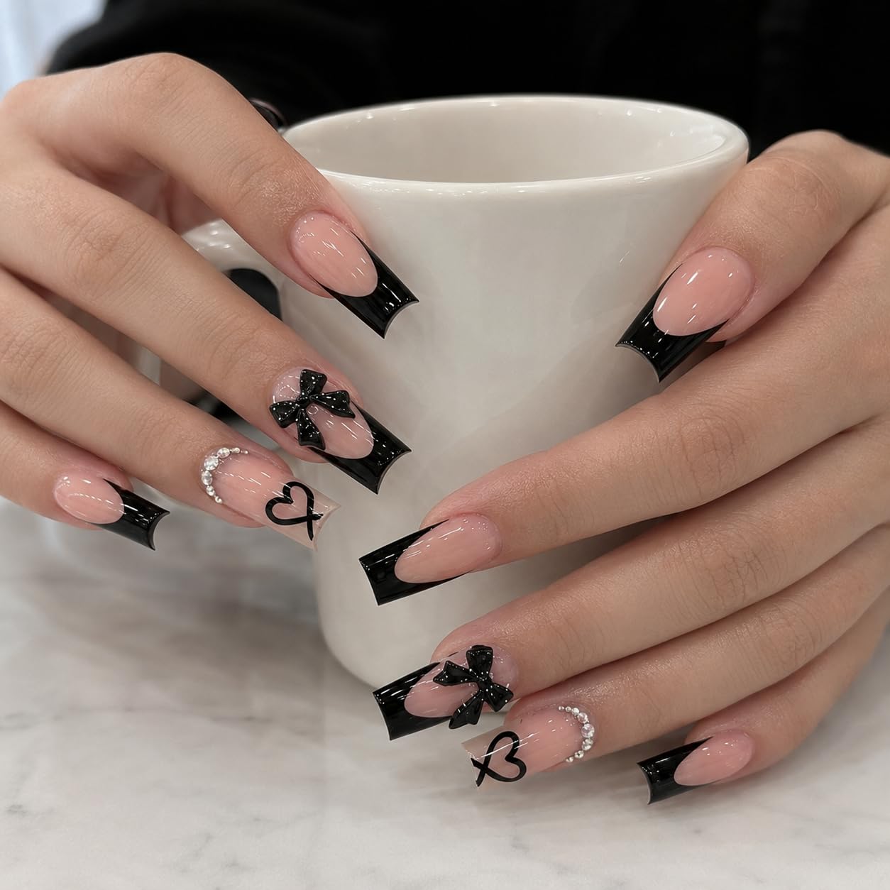 Press On Nails French Tip 3D Black Butterfly Bow-Heart Medium-Length Trapezoidal Fake Nails with Rhinestone Design，Reusable Adhesive 24Pcs Nail Kit For Women Manicure
