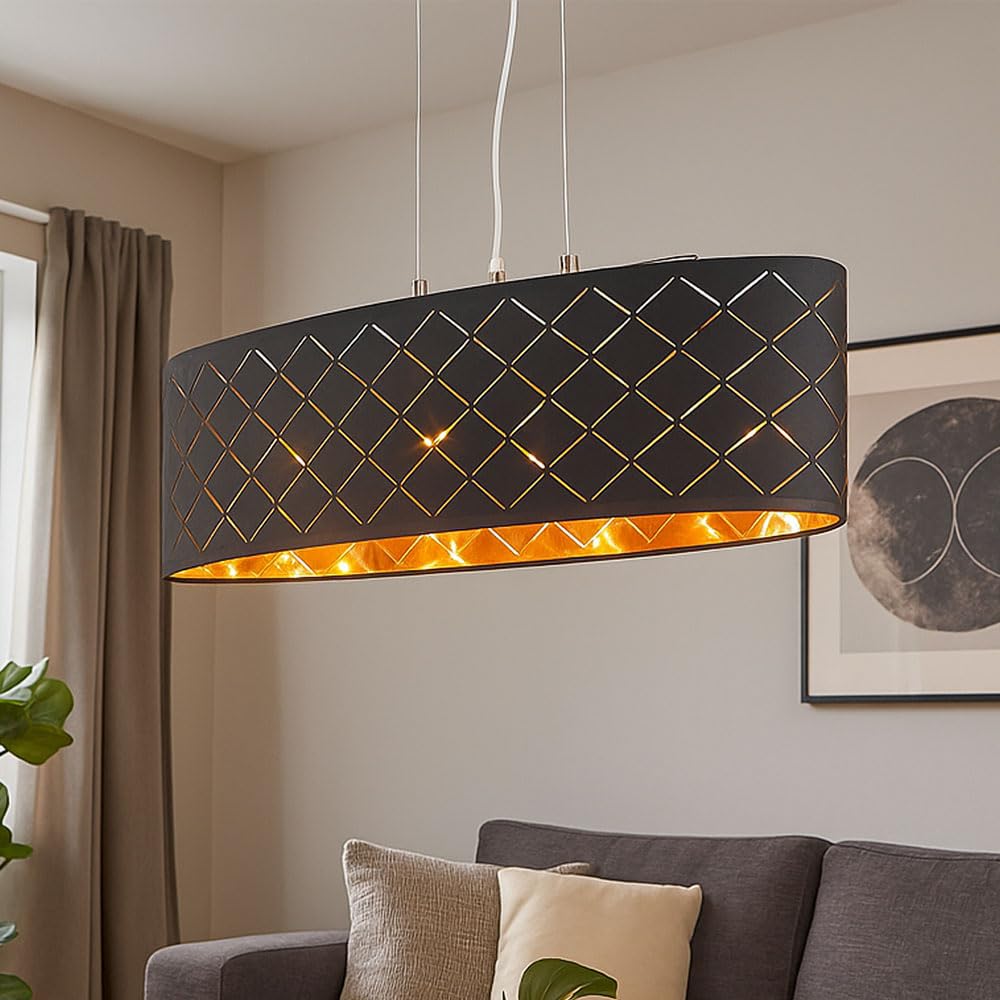Deckenleuchte Lampe Wohnzimmer hängend schwarz gold Wohnzimmer hängend Hängelampe Esstisch, 3 Flammig Stanzungen, Metall Textil, 3x LED 7W 806Lm 2700K, LxBxH 65x25x140 cm