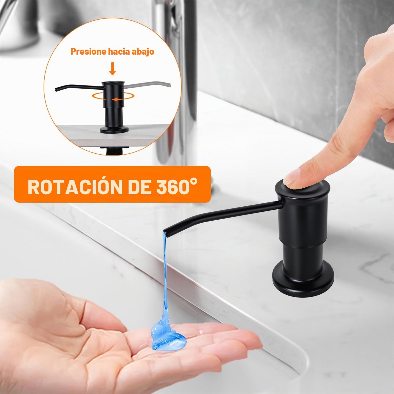 Ibergrif Dispensador de Jabón de Cocina Bajo Encimera, Dosificador Jabón Cocina con Botella de 500 ml y Tubo Silicona de Extensión de 1,0 m, Negro, M34040B
