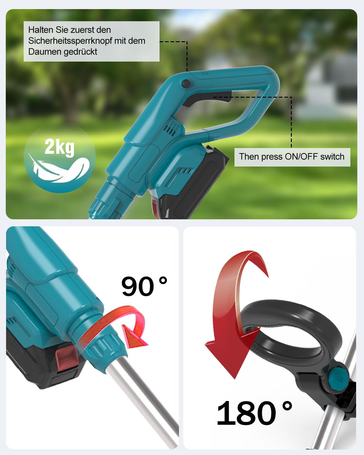 Rasentrimmer mit Akku Für Makita, 4 in 1 Akku Rasentrimmer Mit 4 Arten Klingen Und 2 Akku, 21V Bürstenloser Akku Freischneider Mit Seitlichen RäDern FüR Einfaches Trimmen Der Kanten. (Blue)