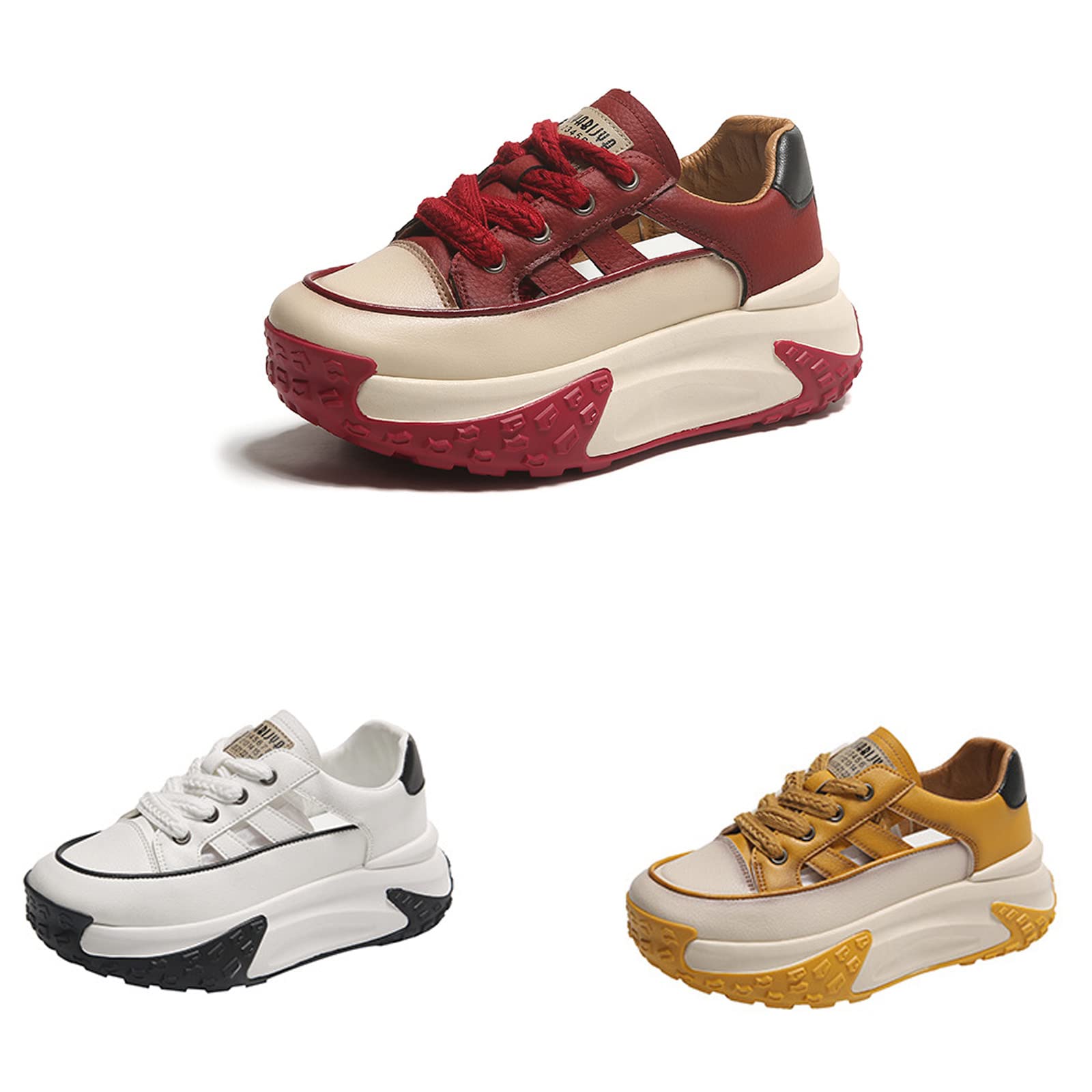 SOLPNOWWomen's Leather Breathable Hollow Casual Sneakers,Lace Up Non-Slip Shock Absorbing Heighten Running Sneakers