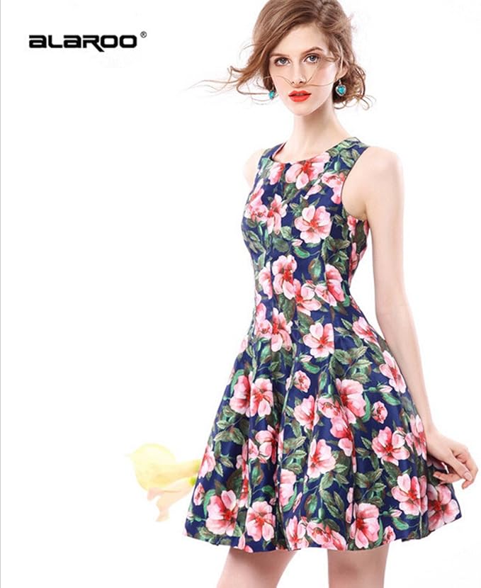 Amazon Co Jp Alaroo 花柄 レディースワンピース ショートワンピース フレア ノースリーブ ａライン L 服 ファッション小物