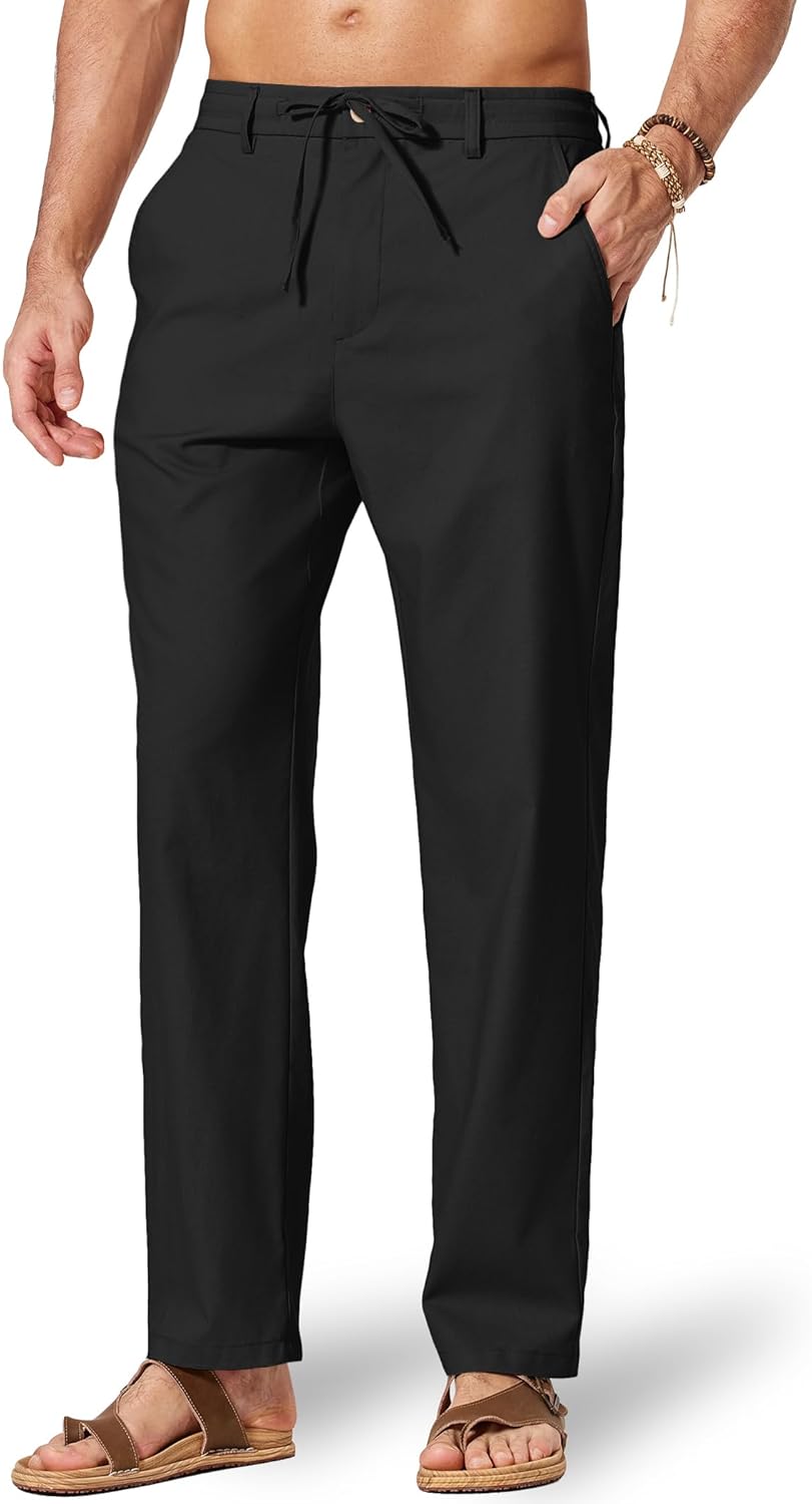 COOFANDY Men's Cotton Linen Pants Casual Drawstring Dress Pants Beach Summer Lightweight Trousers