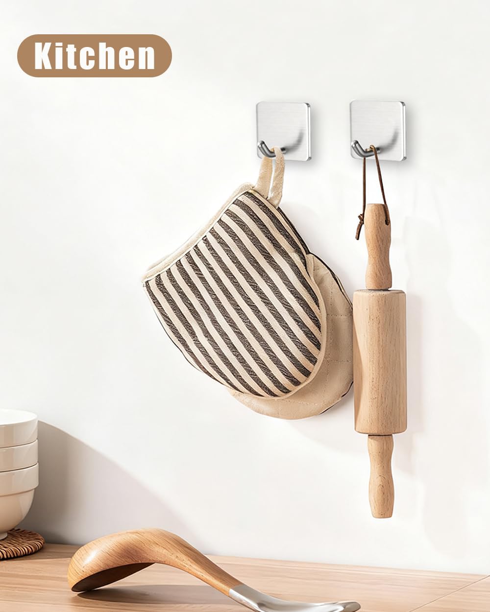 YLITREUS Ganci Adesivi da Parete 8 Pezzi Argento - Ganci Autoadesivi in Acciaio Inox per Bagno, Cucina e Ufficio, Gancio per Asciugamani e Accappatoi Senza Foratura