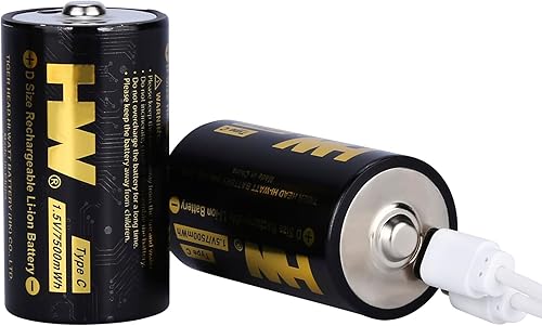 HW Baterías recargables de celda D, batería de litio D con cable USB-C 2 en 1 cargador rápido, paquete de 2 7500 mWh D, más de 1000 ciclos, baterías