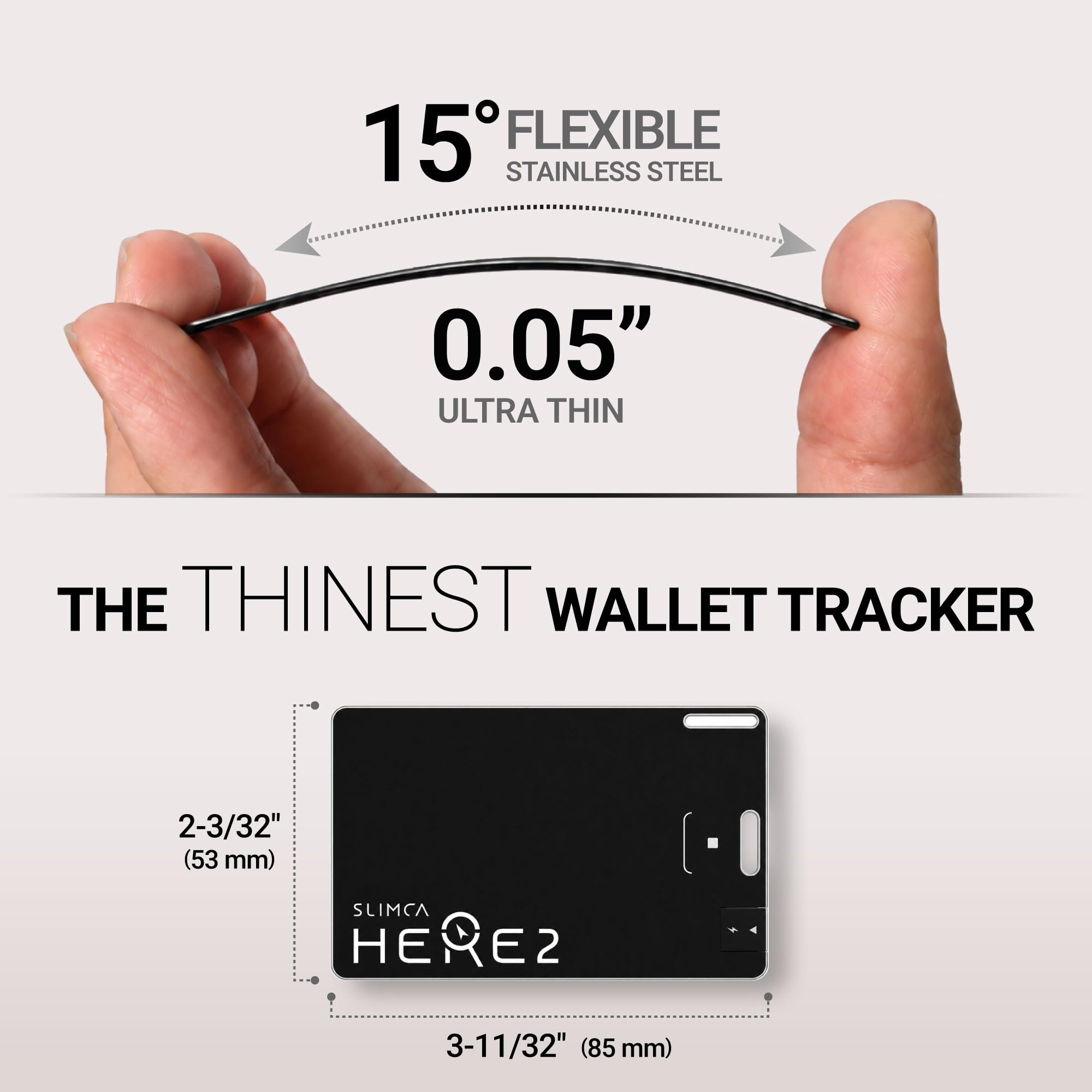 SLIMCA HERE 2 Tracker-Karten für Apple Find My, 1,3 mm ultradünne wiederaufladbare USB-C-Karte, Artikel-Locator für Geldbörse, Reisepass, Gepäck, 80 dB Alarm, IP64 wasserdicht, biegbares Design