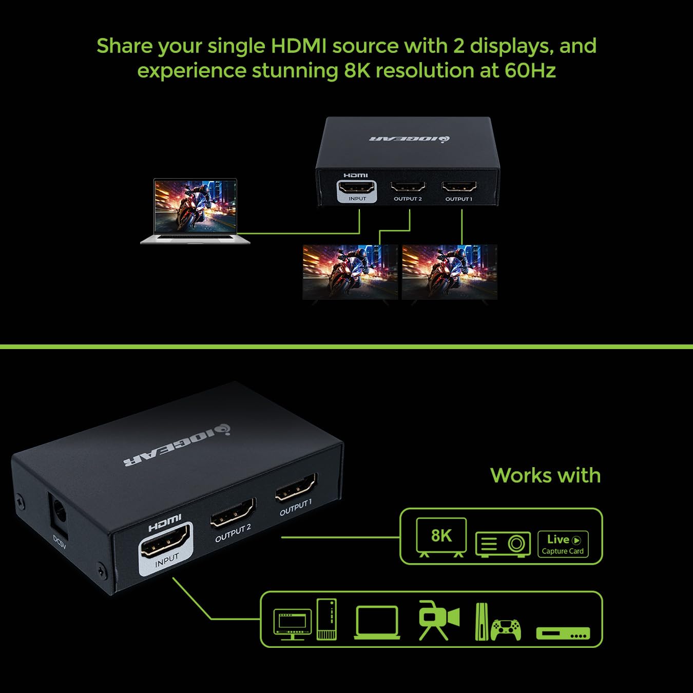 IOGEAR Divisor HDMI de 2 puertos 8K - HDMI 2.0, 4K 60Hz UHD, HDCP 2.2, Dolby Audio, HDR, gestión EDID - Duplicado 1 fuente HDMI a 2 pantallas (GHSP8822)