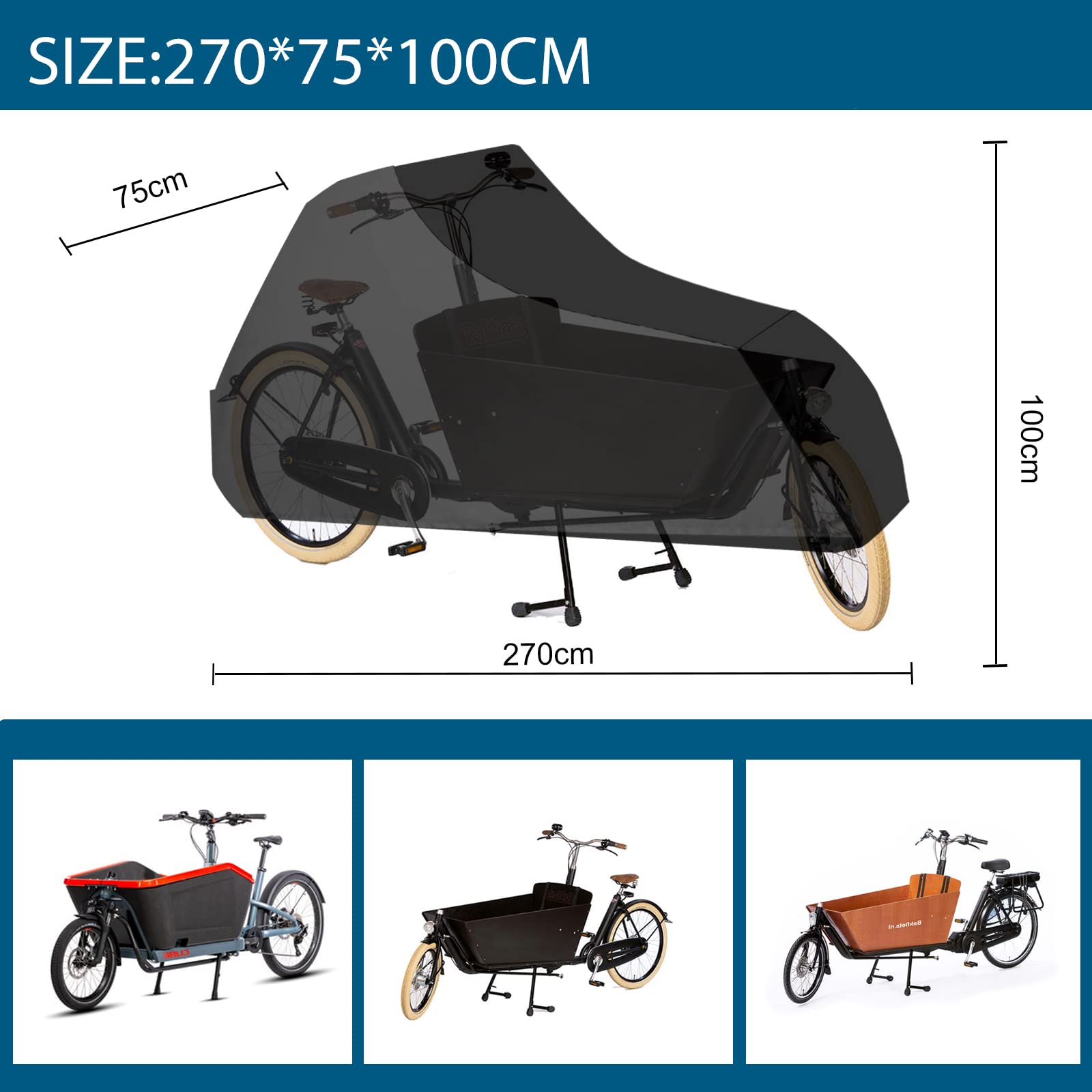 Housse De Protection Vélo Cargo Imperméable Oxford 4600D - Dimensions 225x105x110 Cm - Coutures Soudées - Garage Vélo Extérieur Avec Serrure