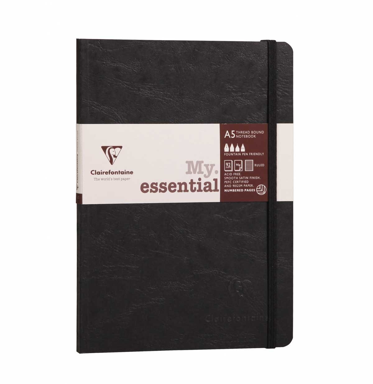 Clairefontaine 793461C Age Bag Collection A My.Essential Black Sewn Elasticated Notebook - A5 14.8x21 cm - 192 Lined Numbered Pages - 90 g Ivory Paper - Grain Leather Glossy Card Cover
