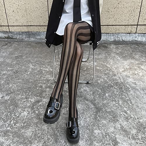 Women Sheer Pantyhose Black Striped Footed Tights Stockings4