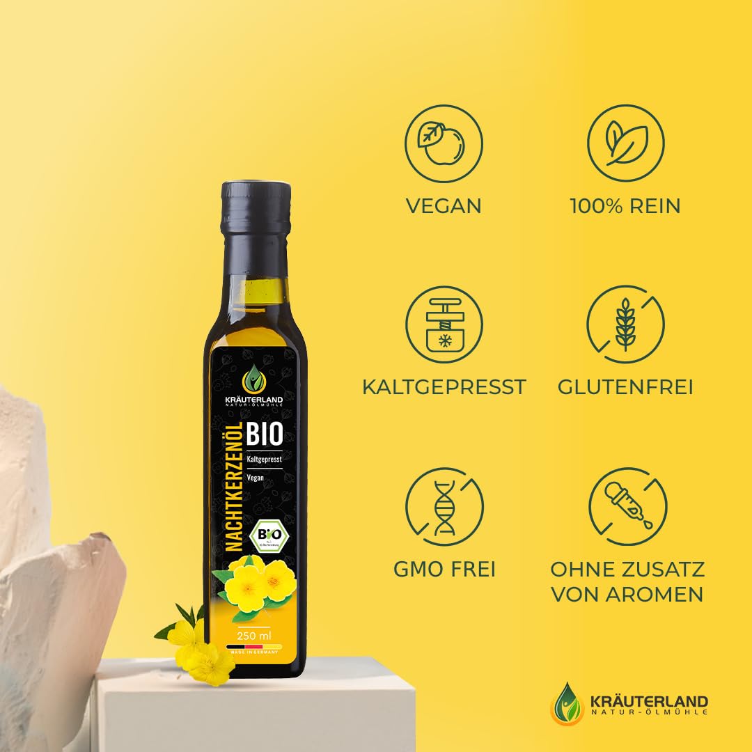 Kräuterland Bio Nachtkerzenöl 4X250ml (1L), kaltgepresstes Speiseöl | mit natürlicher Linolsäure und Gamma-Linolensäure aus reinen Nachtkerzensamen, milder Geschmack, Gluten- & GVO-frei im Glas
