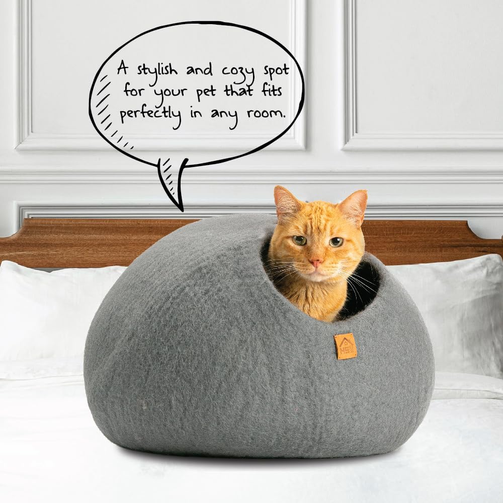 Large Wool Cat Cave Premium Felt Bed for Cats & Kittens Pet House Natural 100% Merino Wool Handmade Indoor Hideaway Eco-Friendly Cove 19 Inch Diameter Round Handcrafted Dome (Large Plain Gray)