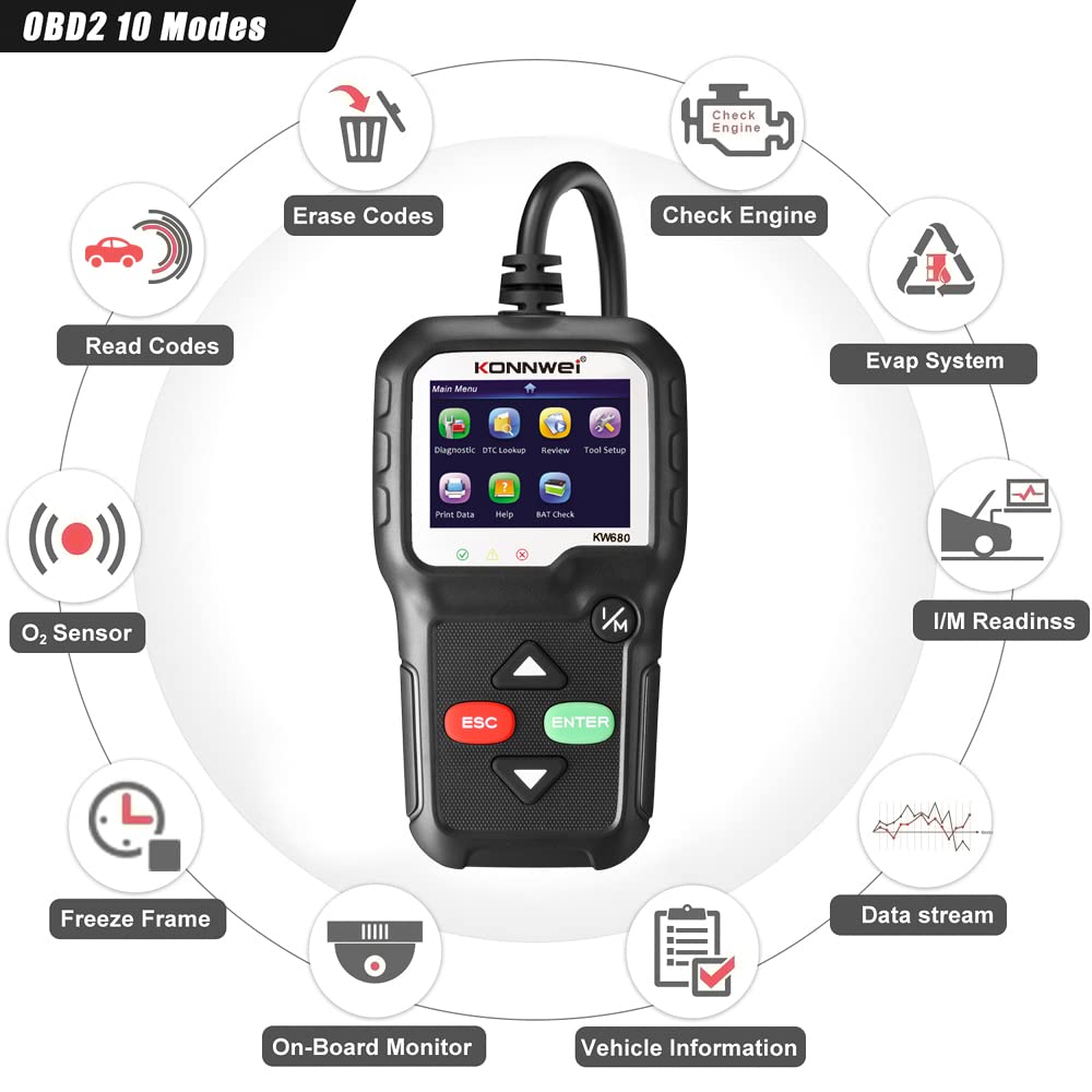 KONNWEI KW680 Diagnosis OBD2, Diagnostico Coche Multimarca apoya español,Lector de Códigos de Error, Diagnóstico Completo del Motor, Compatible con BMW/Peugeot/VW y Todos los Vehículos OBDII