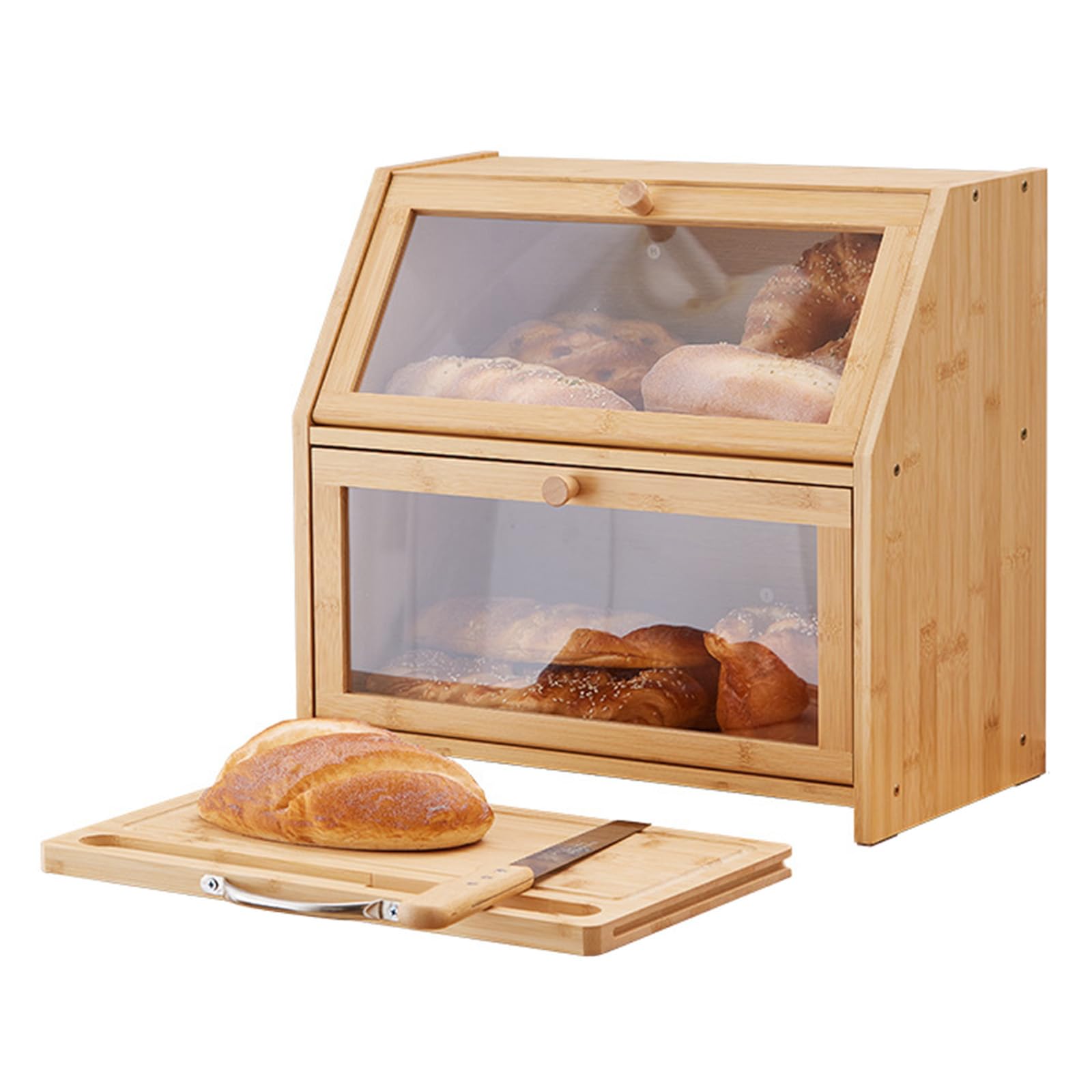 Dwupoziomowy chlebak bambusowy z deską do krojenia, akrylowym okienkiem otwieranym od przodu, oszczędzający miejsce w kuchni-Natural-A||L42xW25xH40cm-with Knife Only
