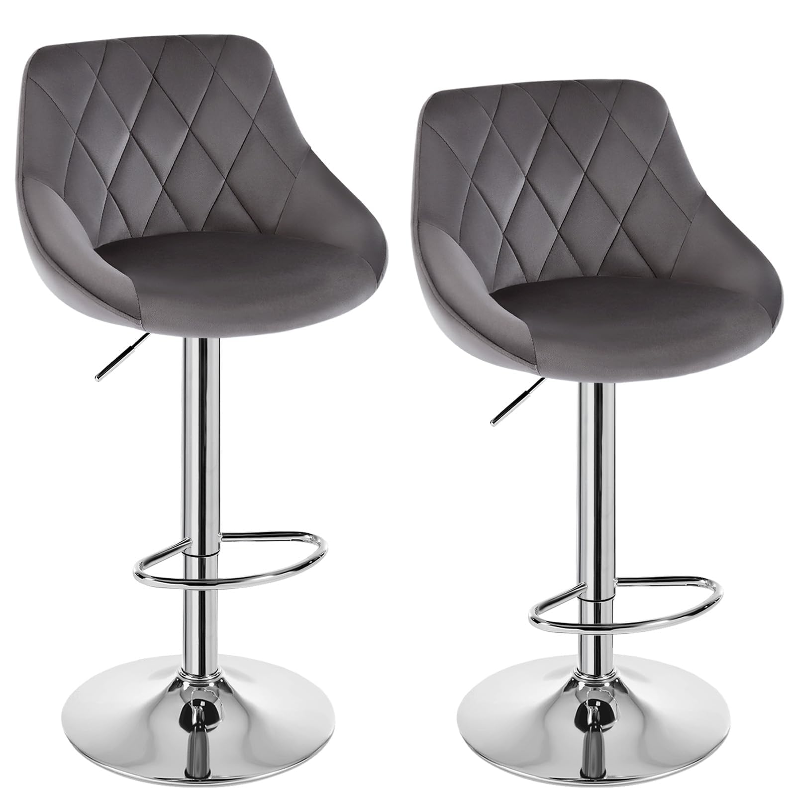 WOLTU Bar Stools Set of 2, Breakfast Bar Chairs Swivel Dining Stools, Height Adjustable Kitchen Island Barstools, Grey Velvet Upholstery, Metal Footrest & Base