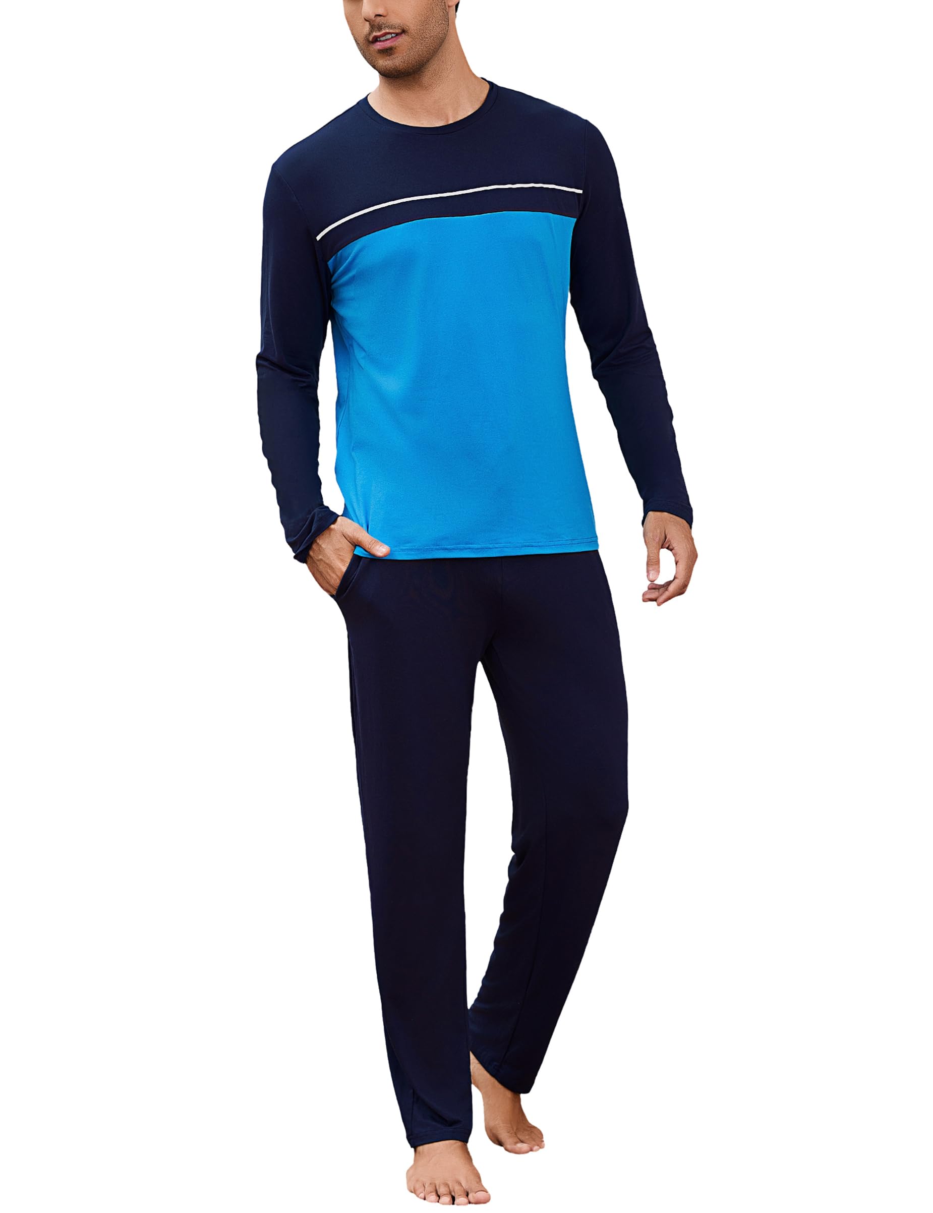Bresdk Schlafanzug Herren Lang Baumwolle Pyjama Set Winter Langarm Männer Zweiteilige Nachtwäsche