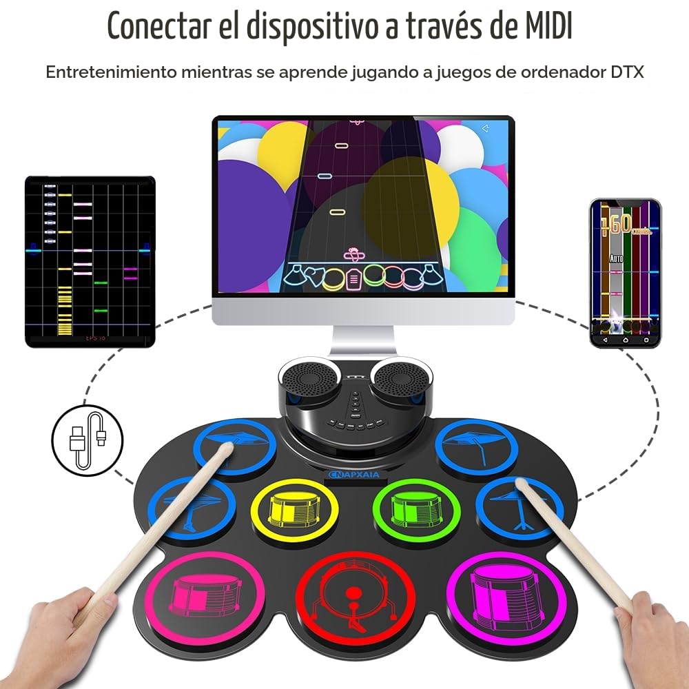 CNAPXAIA Batería Electrónica, 9 Pads Batería Musical Enrollable con Altavoz Incorporado/Bluetooth/MIDI, Set de Bateria Electrica Instrumentos Musicales para Infantil y Principiantes