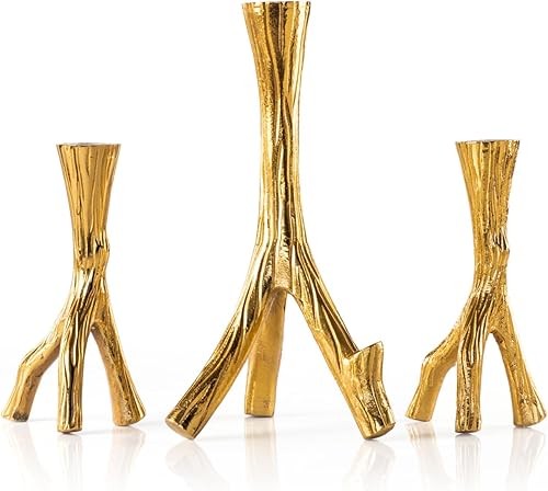 JANOS FERNANDO Juego de 3 candelabros cónicos de metal dorado hecho a mano, lujosos portavelas para centro de mesa, decoración de boda y decoración