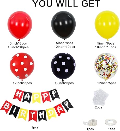 Miniatura 2 de Kit de guirnalda de arco de globos de ratón de dibujos animados, globos de látex negro, rojo y amarillo, globos de confeti para temática de ratón,
