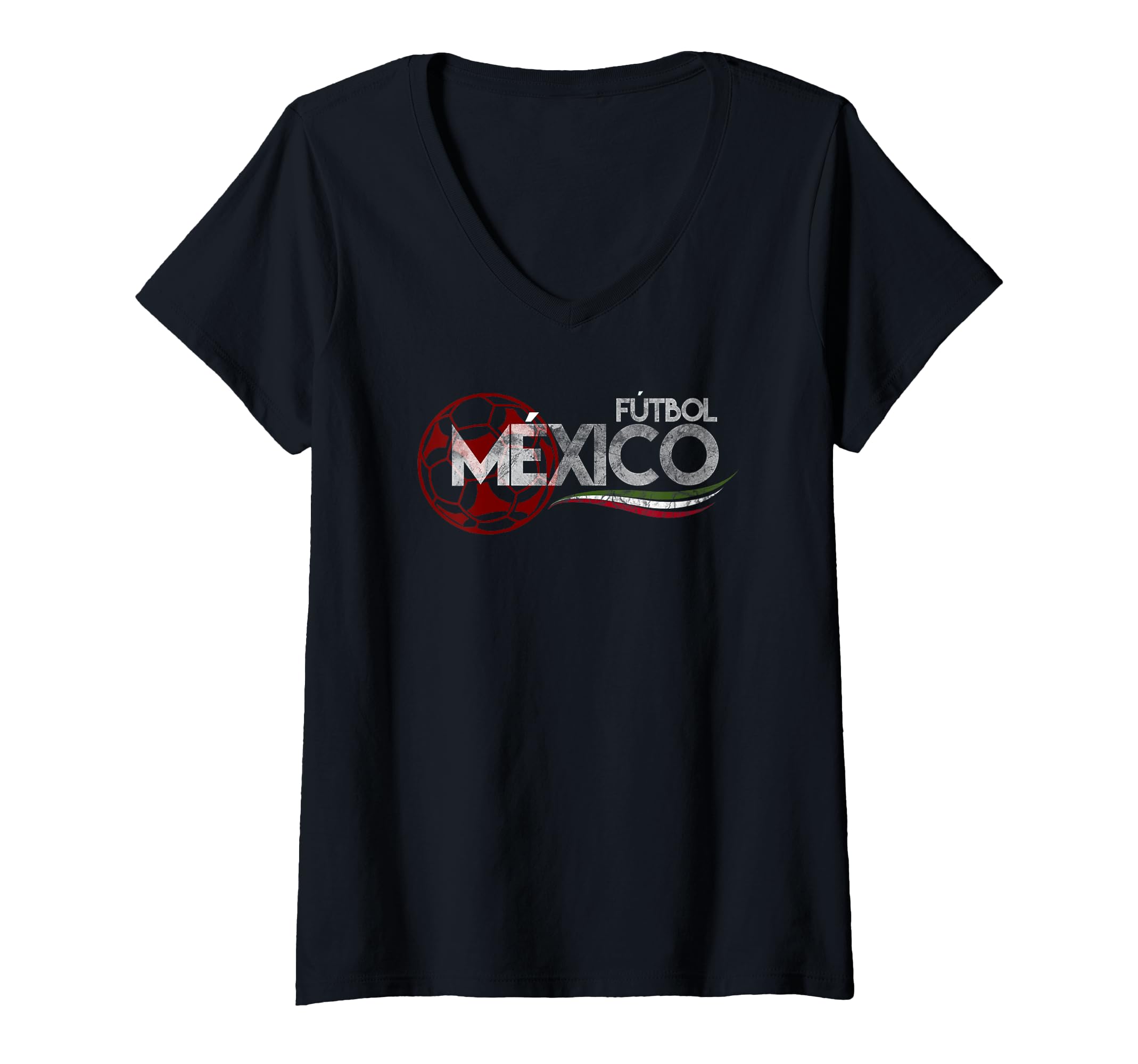 Womens Soccer Futbol Mexico Distressed V-Neck T-Shirt, Black