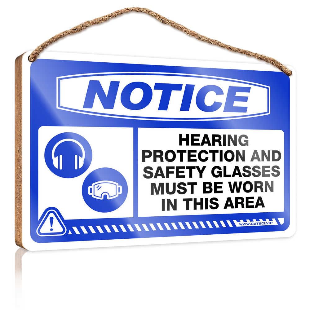 HMQW Kitchen Wall Sign Notice Hearing Protection And Safety Glasses Must Be Worn In This Area Wooden Sign Winter Signs For Home Decor Teen Room Decor(23X35CM)