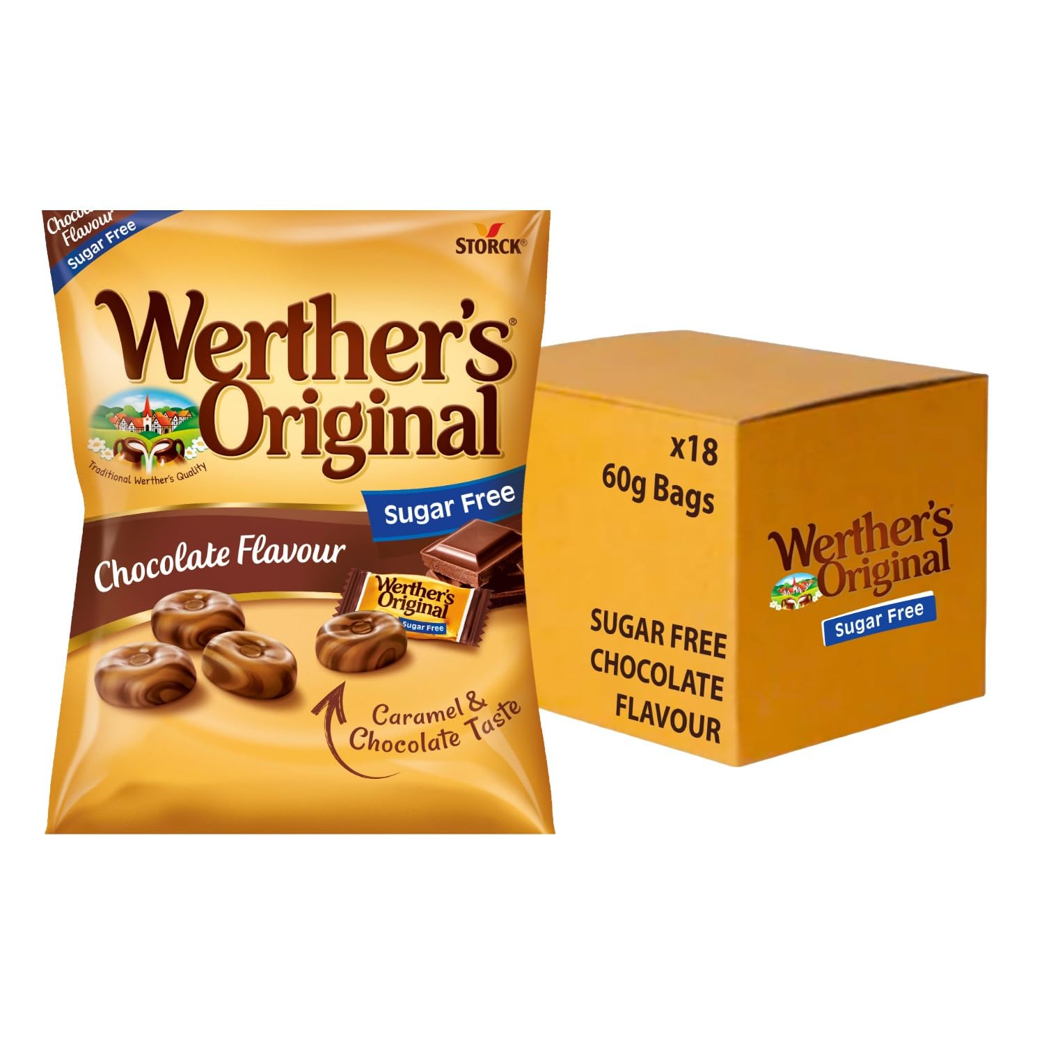 Werther's Original Sugar Free Chocolate Candies, Sugar-Free Chocolate Bliss in Every Bite, 60 g (Pack of 18)