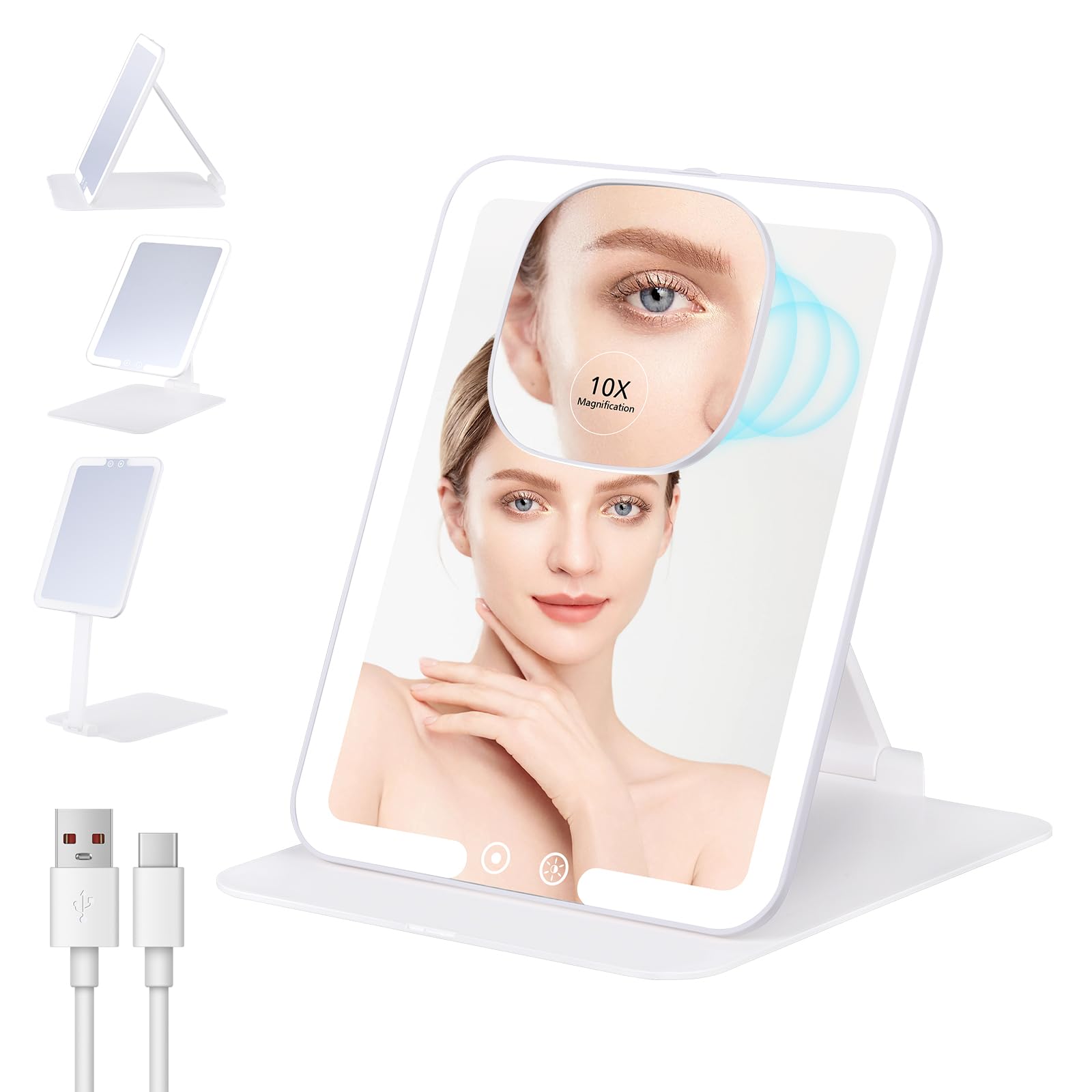 Makeup Mirror with Lights and Magnification 10X, 1800mAh Rechargeable Travel Makeup Mirror with 3 Colors Lights, Portable Ultra Slim Cosmetic Mirror Travel Essentials, White