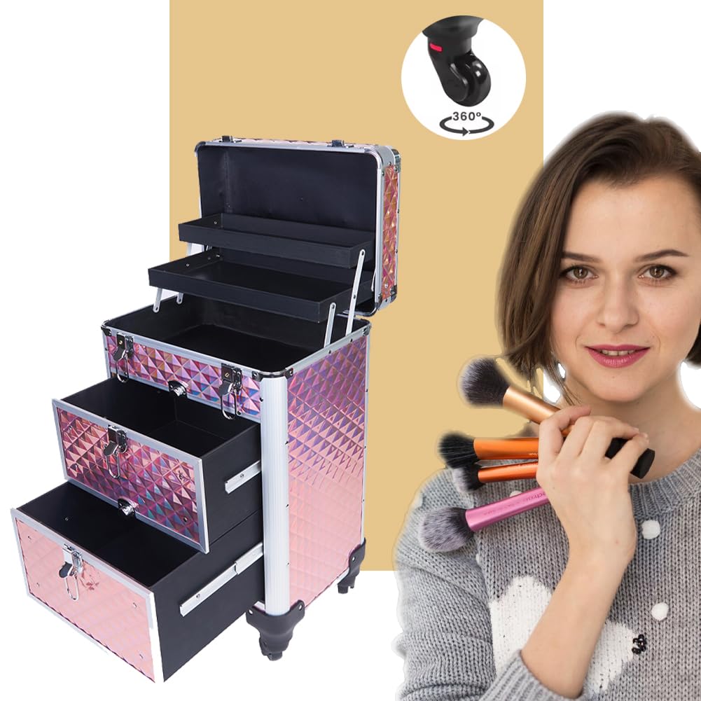 BAKAJI Trolley Make Up Professionale, Beauty Case Estetista Portatile, Valigia Porta Trucchi con Trama Oleografica a Triangolare e Ruote Staccabili, Valigetta Organizer Makeup Viaggio (Rosa)