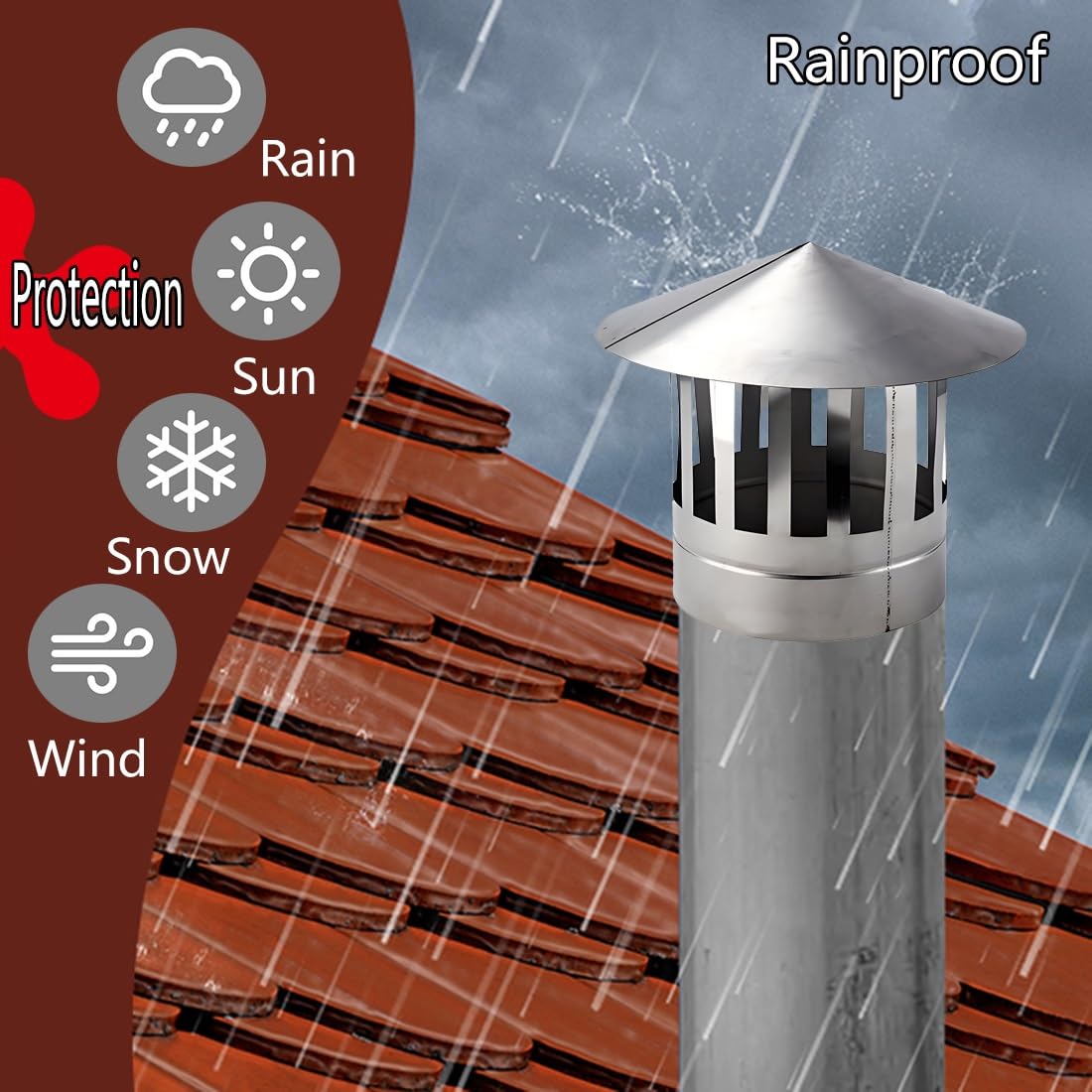 Osłona komina ze stali nierdzewnej, 10-25 cm, osłona przeciwdeszczowa z osłoną ptaków, grubość 0,5 mm, okap wentylacyjny do pieca na drewno, 24 cm