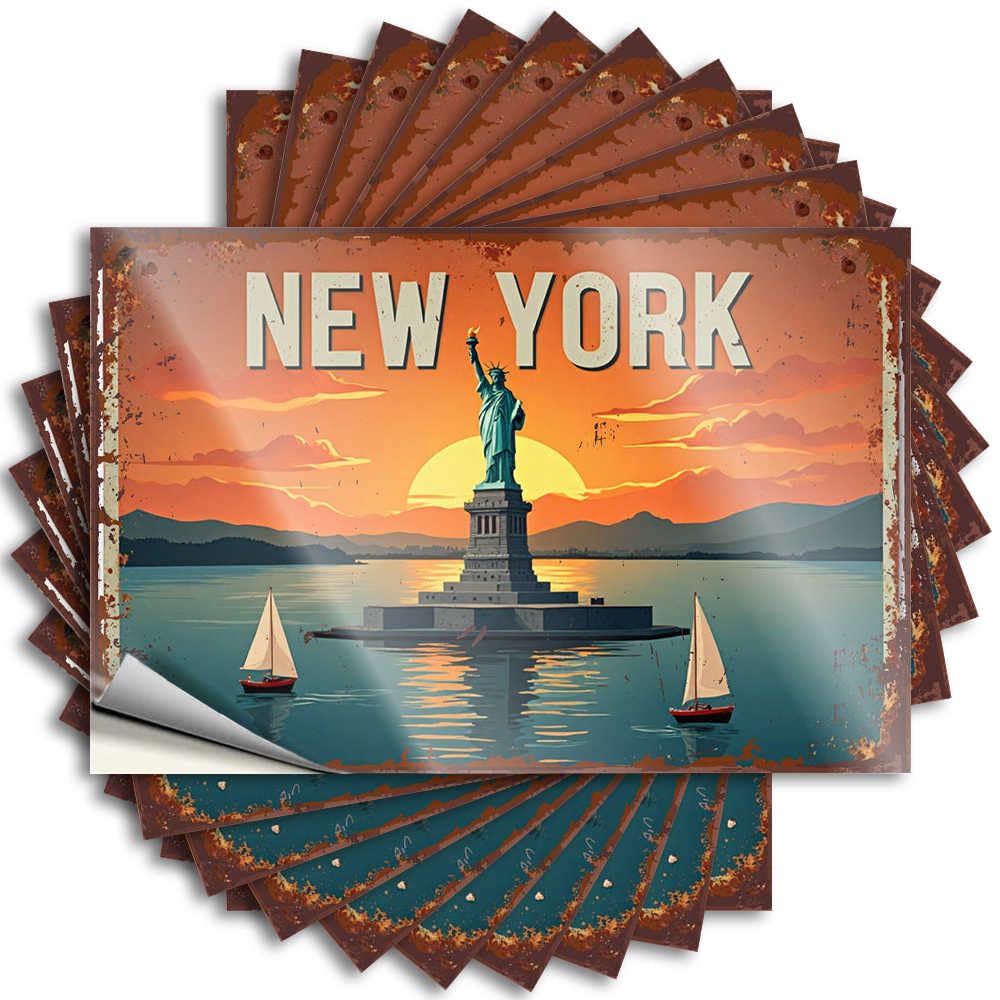 Statue of Liberty Sunset Sailboats New York Cityscape Decal Man Cave Accessories Self Adhesive | Coastal Bumper Vinyl Sticker Pack for Football(12X18CM)