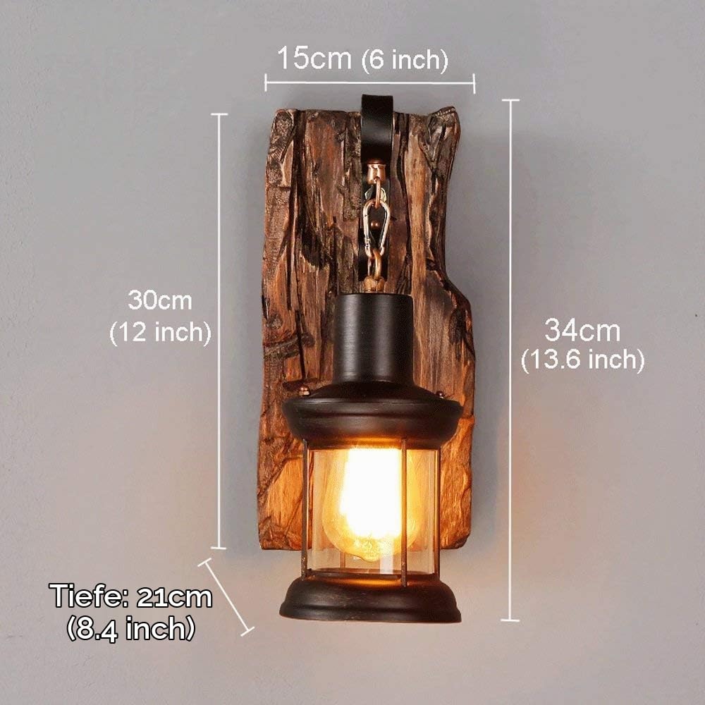 Antik Vintage Industrielle Style Holz Wandleuchte Rustikal Holz Wohnzimmer Wandlampe Metall Glas E27-Fassung Wandbeleuchtung Nachttisch Wandlampe Für Restaurant, Gang,Korridor,Bar,Cafe,1*E27