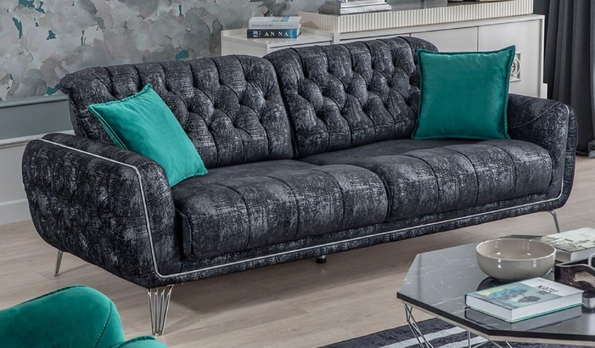 Casa Padrino Luksusowa sofa Chesterfield czarno-szara/srebrna 230 x 95 x 75 cm – nowoczesna sofa do salonu – meble do salonu Chesterfield