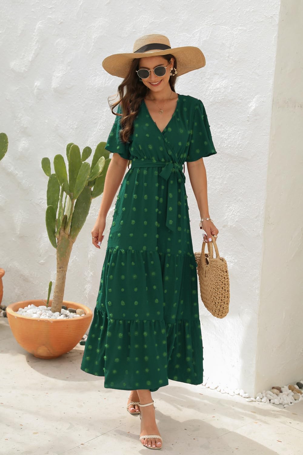 Womens Summer Swiss Dot Maxi Dresses Wrap V Neck Short Sleeve Casual Flowy Long Wedding Guest Dress - Image 5