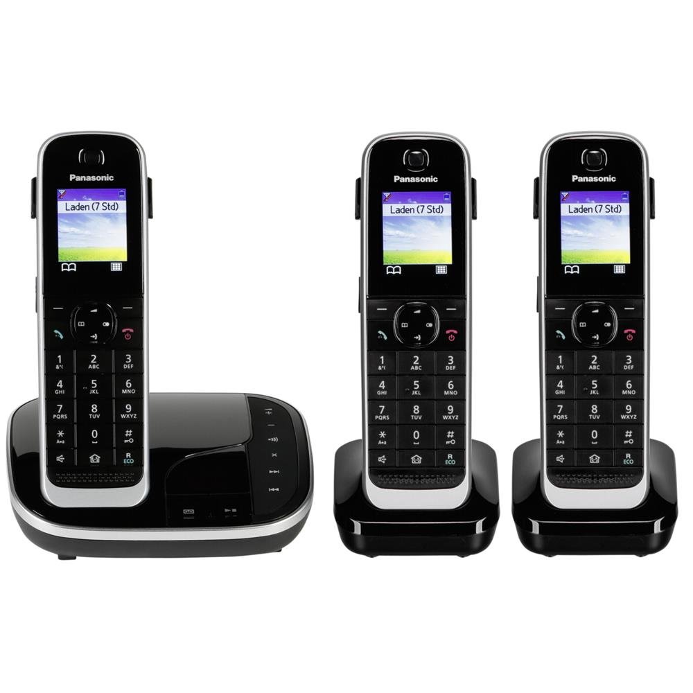 Panasonic KX-TGJ323GB Familien-Telefon mit Anrufbeantworter (schnurloses Telefon mit 3 Mobilteilen, strahlungsarm, Anrufschutz) schwarz