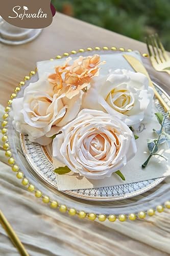 Miniatura 8 de Serwalin Flores artificiales bohemias, flores de champán, flores falsas de boda, flores de torta para ramos de boda, centros de mesa de despedida de