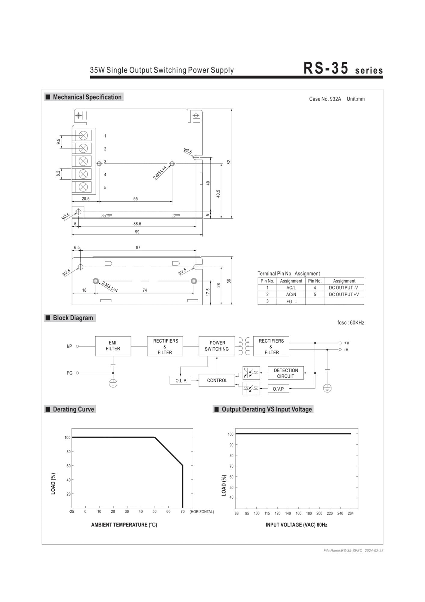 Zasilacz RS-35 RS-35-3.3 | 3,3 V RS-35-5 | 5 V RS-35-12 | 12 V RS-35-15 | 15 V RS-35-24 | 24 V RS-35-48 | 48 V 35 W (RS-35-48 (8)