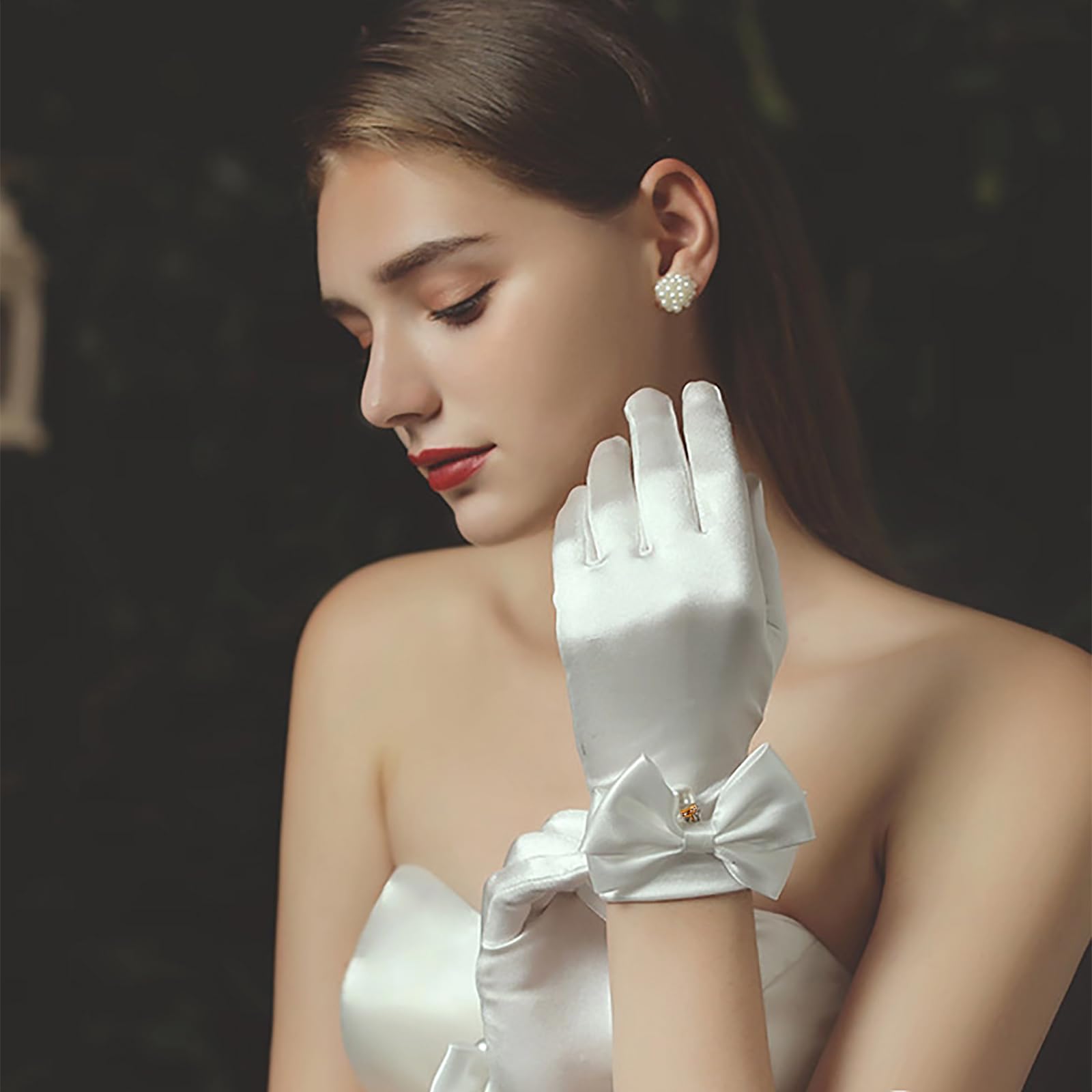 YUISI Ladies Lace Gloves/Bridal Wedding Lace Satin Gloves/White Princess Gown Gloves for Women, White Wedding Gloves for Masquerade, Party (A)