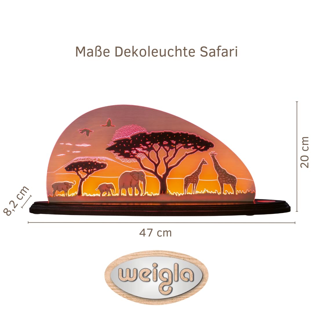 weigla - Schwibbogen original Erzgebirge I Motiv Safari I Dekoleuchte I LED-Lichterbogen I Größe 47 x 20 x 8,2 cm I Inklusive Beleuchtung I Deko innen I aus Holz & Acryl