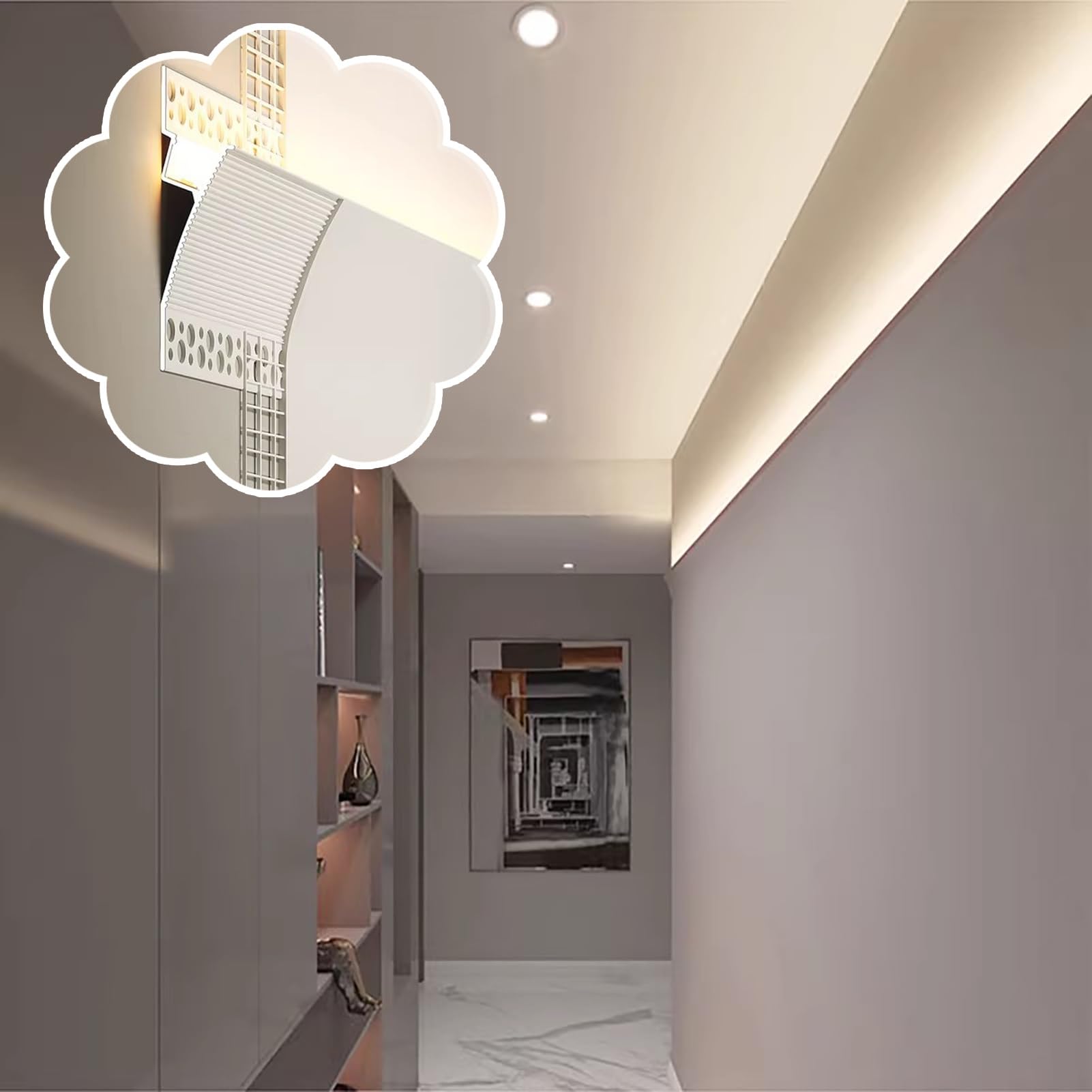 Profili per Strisce LED Cornice a Soffitto con Canale per Illuminazione, Larghezza 8 cm Cornice Decorativa a Gola per Illuminazione Indiretta a LED Striscia LED Flessibile(2m/6.6ft)