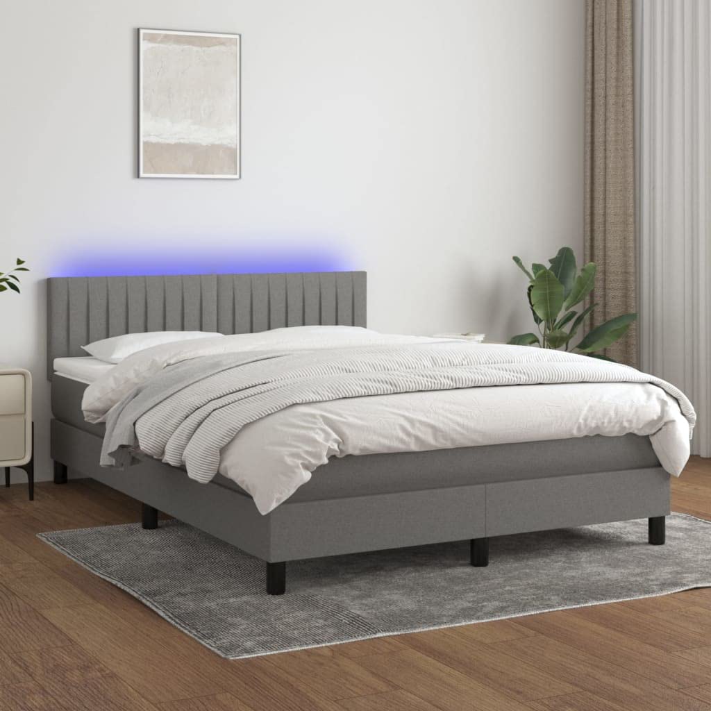 Tkanina z regulowanym zagłówkiem LED 140x190 cm Szary | Łóżko kontynentalne z materacem sprężynowym LED ciemnoszara tkanina 140x190cm z regulowanym zagłówkiem