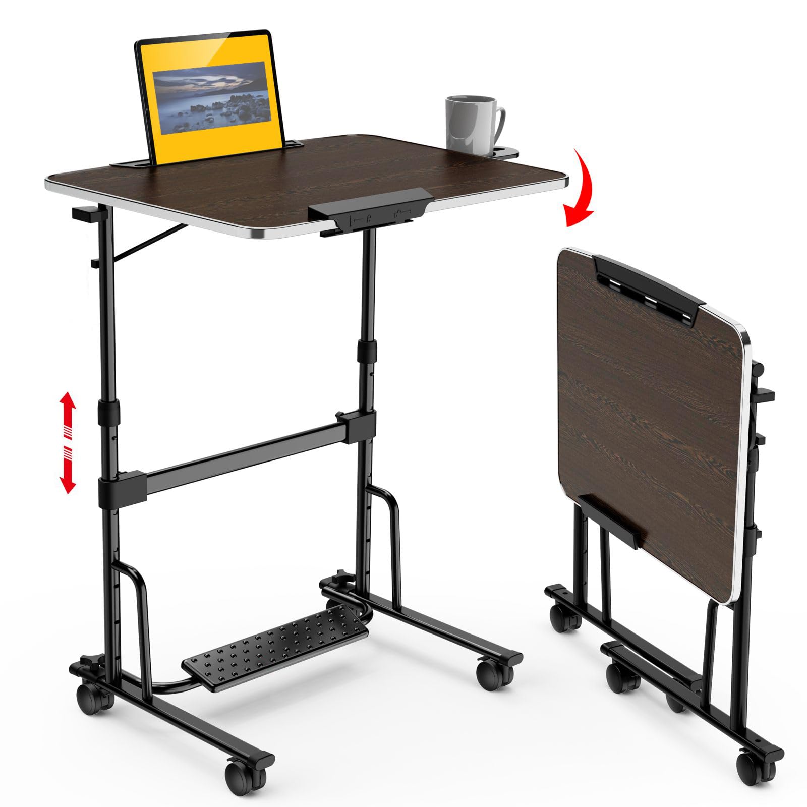 TABLE MAGIC – AERO Desk | Height Adjustable (70-108 cm) Sit & Stand Folding Desk with Cup & iPad Holder | Portable Workstation Table with Wheels & Footrest (Black-Wenge Finish)-image-20