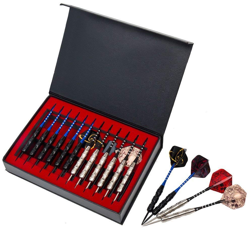 POFET 12 stuks set stalen tip dartpijlen 22 g gram met antislip ijzeren vat aluminium dartschachten en 4 stijl vluchten met een geschenkdoos