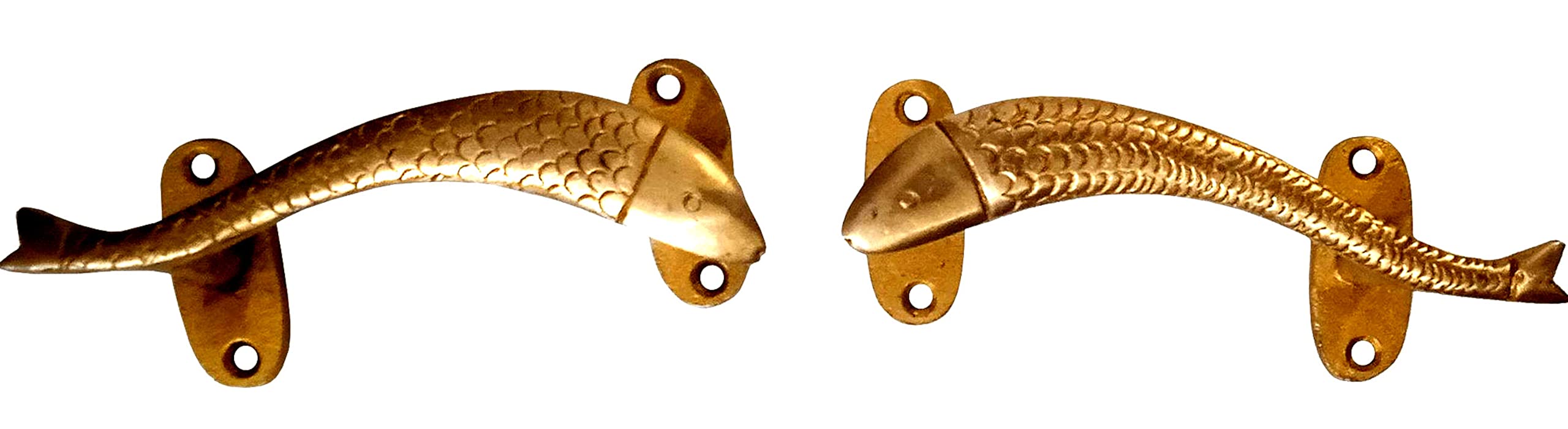 Purpledip Brass Handle Set of 2: Dolphin Fish Shape Vintage Design Opposing Grips for Doors Windows Dresser Cupboard Drawer 5.5 Inches Long (11024C)