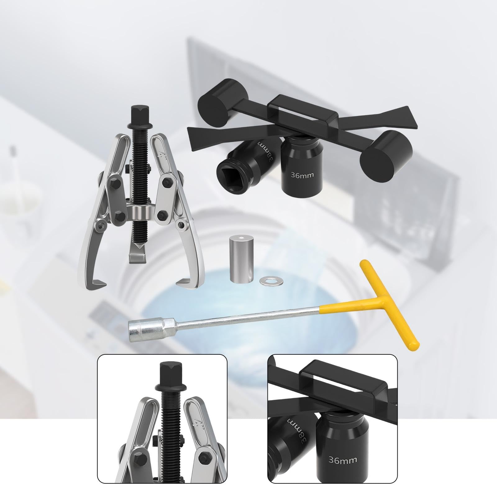 Herramientas de Reparación de Lavadora, Kit de Desmontaje del Tambor Interior con Extractor, 36mm y 38mm, Hierro