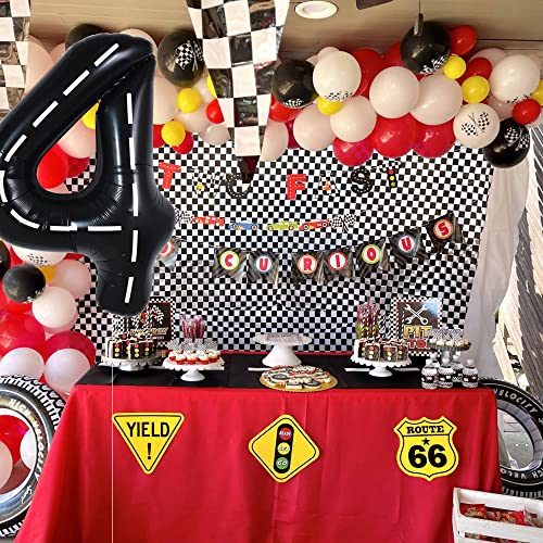 Image of TONIFUL 40 Inch Large Race Car Number 4 Balloon 4th Birthday Decorations | 4th 14th 24th Race Car Birthday Party Supplies Foil Black 4 Balloon for Boys Men Fast Checkered Flag Party Decor