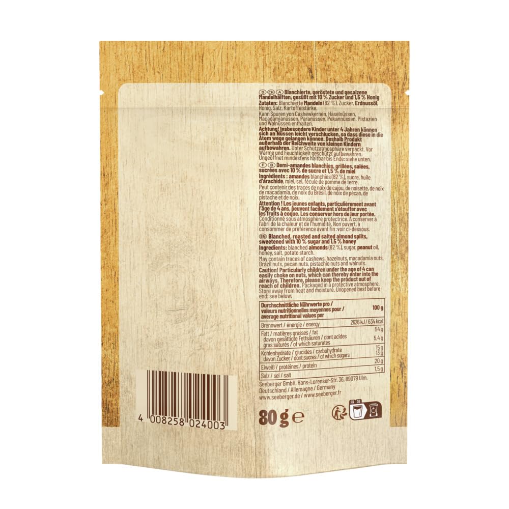 Seeberger Sucré salé d'amandes blanchies : la douceur du miel et un petit goût salé - des amandes pour vous accompagner partout - grillées & salées, végétarien (13 x 80 g)