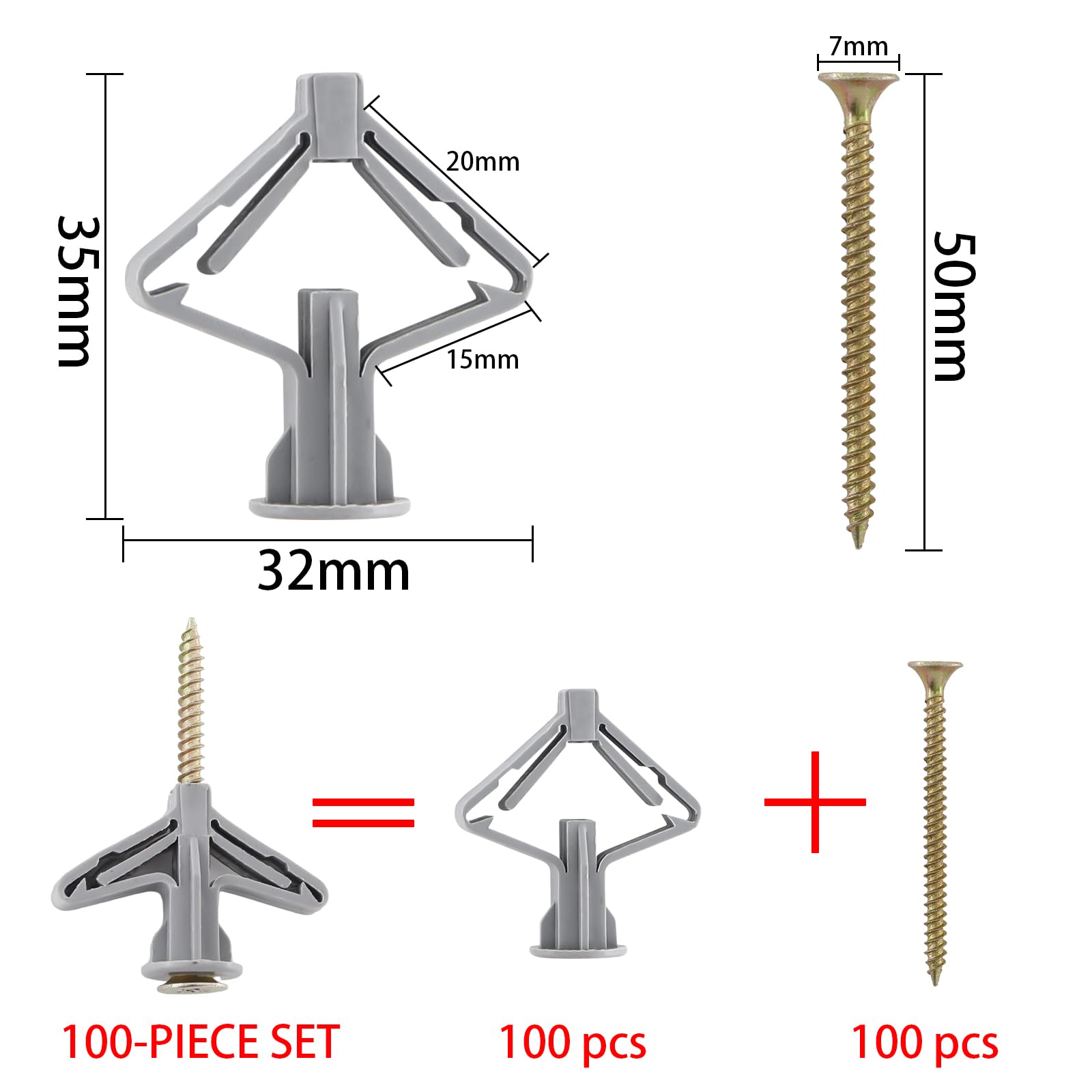 100 Pcs Self-Drilling Drywall Anchors - Plastic Expanding Wall Anchors For Heavy-Duty Hanging (Screws Not Included)