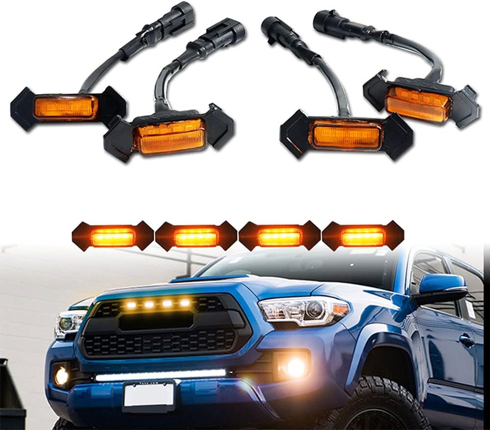 Grille Lights Amber Yellow LED with Fuse for Tacoma TRD PRO Front Grille 2016 2017 2018 (4PCS, Amber Shell with Amber Light)