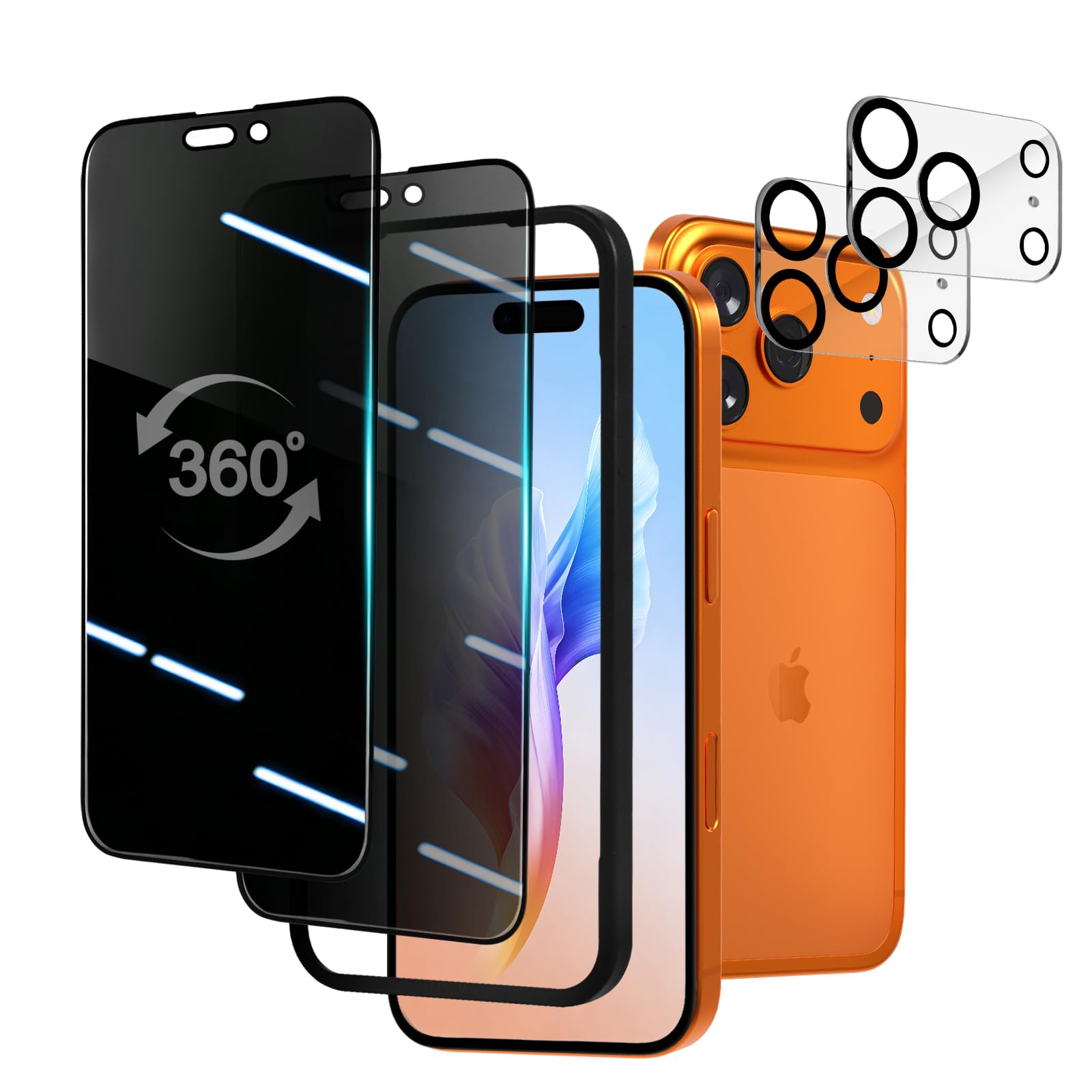 PRTEXLAB【360°覗き見防止】 iPhone 17 ProMax 用 ガラスフィルム 360°全方向 あらゆる角度 覗き見防止 アイフォン17プロマックス用 傷に強い 米軍MIL規格 硬度9H 強化ガラス 耐久性強い プライバシー保護 高透過率 飛散防止 (ガイド枠+クリーニングセット付き) (レンズ保護フィルム2枚) (2枚セット) (iPhone 17 ProMax)